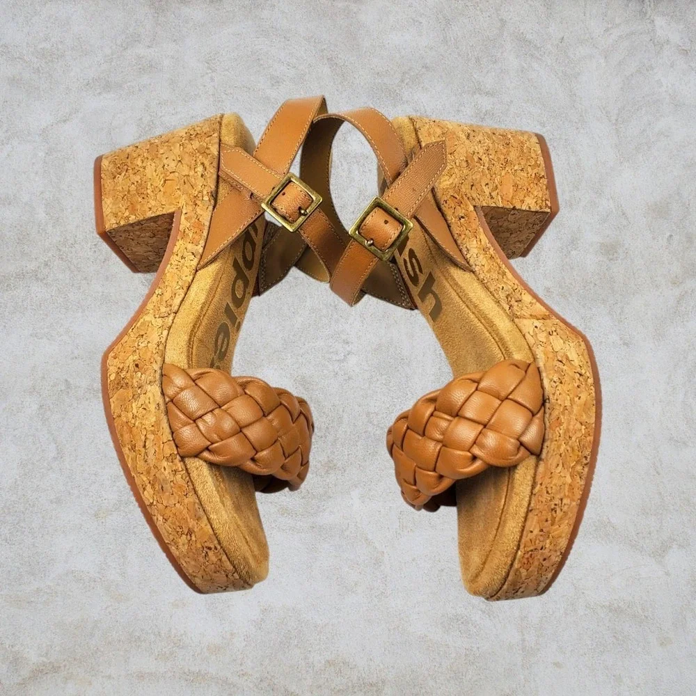 Hush Puppies Poppy Tan Braided Leather Cork Platform Block Heel Sandal Women 5.5